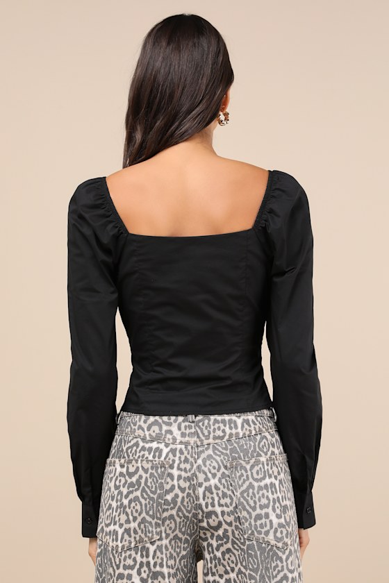 LULUS DEMURE AND SWEET BLACK BUTTON-FRONT LONG SLEEVE TOP