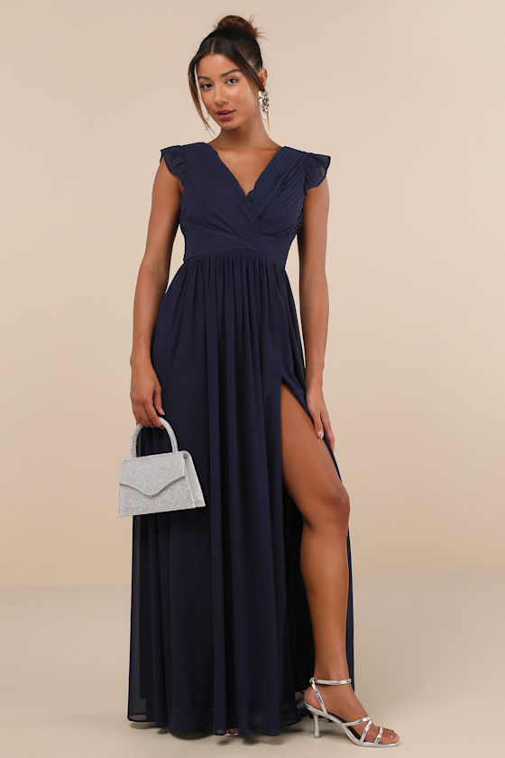 Lulus Gorgeous Goal Navy Pleated Backless Surplice Maxi Dress In Navy