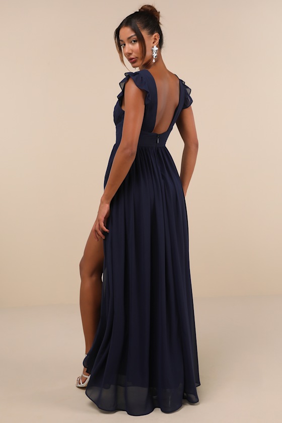 Lulus Gorgeous Goal Navy Pleated Backless Surplice Maxi Dress In Navy