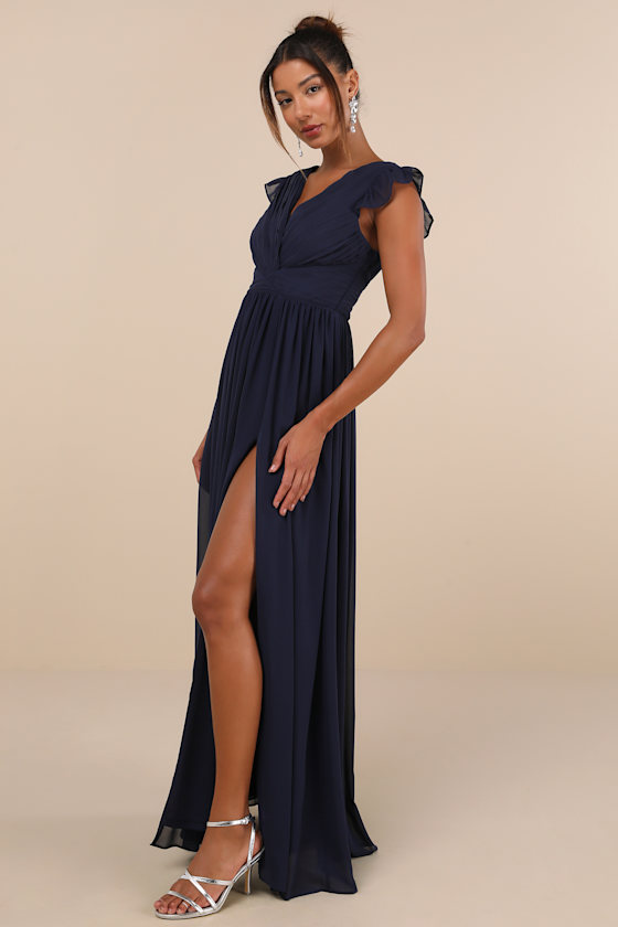 Lulus Gorgeous Goal Navy Pleated Backless Surplice Maxi Dress In Navy