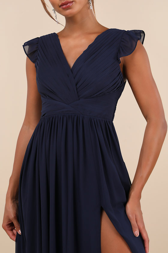 Lulus Gorgeous Goal Navy Pleated Backless Surplice Maxi Dress In Navy