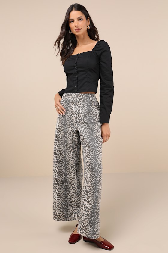 Lulus Wildly Poised Beige Faded Leopard Print Wide-leg Jeans In Beige