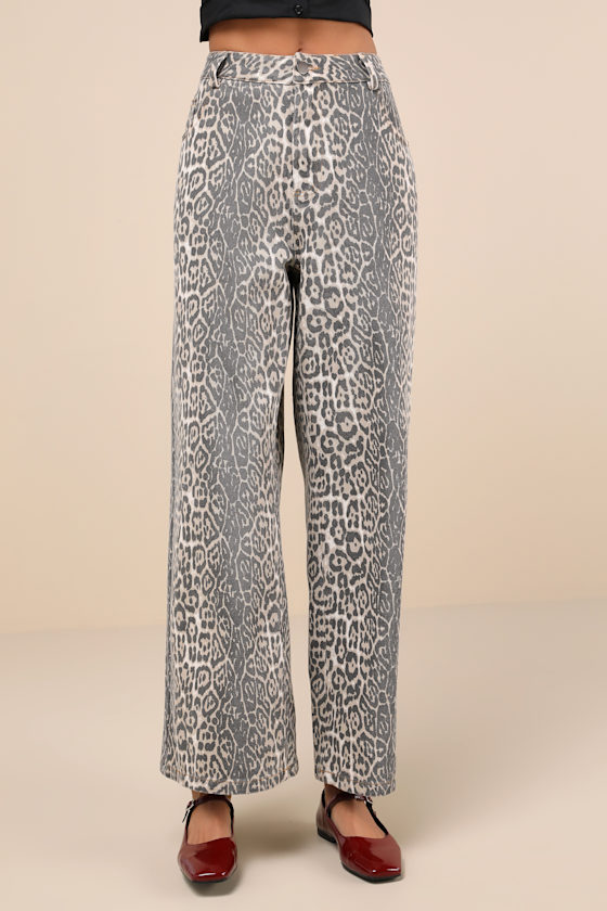 Lulus Wildly Poised Beige Faded Leopard Print Wide-leg Jeans In Beige