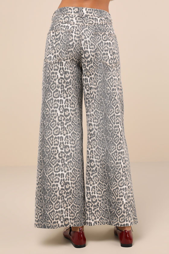 Lulus Wildly Poised Beige Faded Leopard Print Wide-leg Jeans In Beige