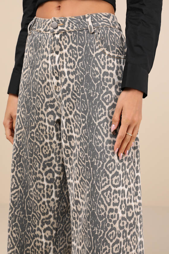 Lulus Wildly Poised Beige Faded Leopard Print Wide-leg Jeans In Beige