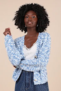 Curated Coziness Blue and White Boucle V-Neck Cardigan 4
