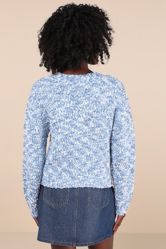 Blue and White Boucle Cardigan - V-Neck Cardigan - Cardi
