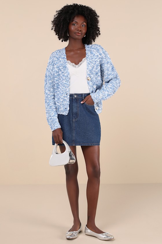 Blue and White Boucle Cardigan - V-Neck Cardigan - Cardi