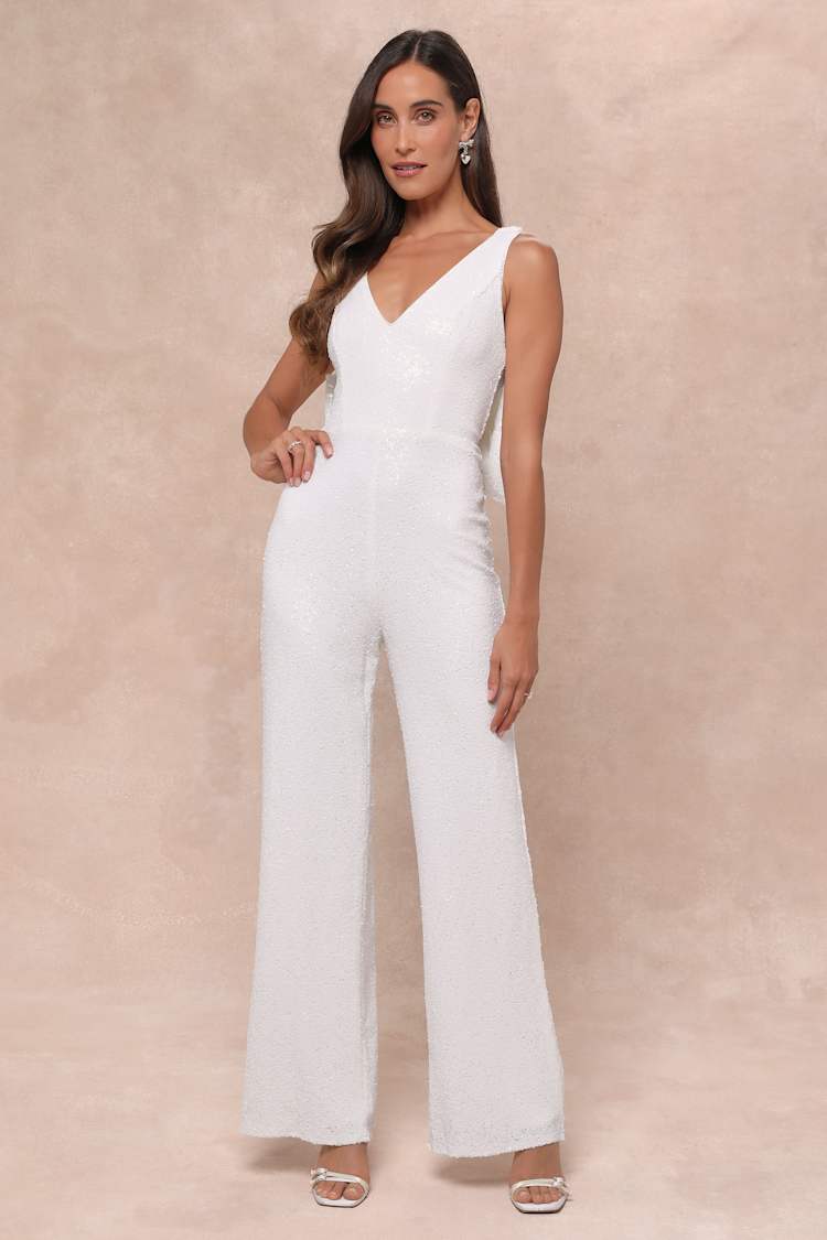 Feeling Sparkly White Sequin Bow Wide-Leg Jumpsuit
