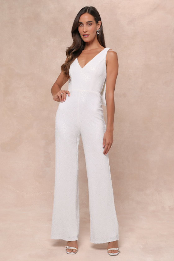 Feeling Sparkly White Sequin Bow Wide-Leg Jumpsuit