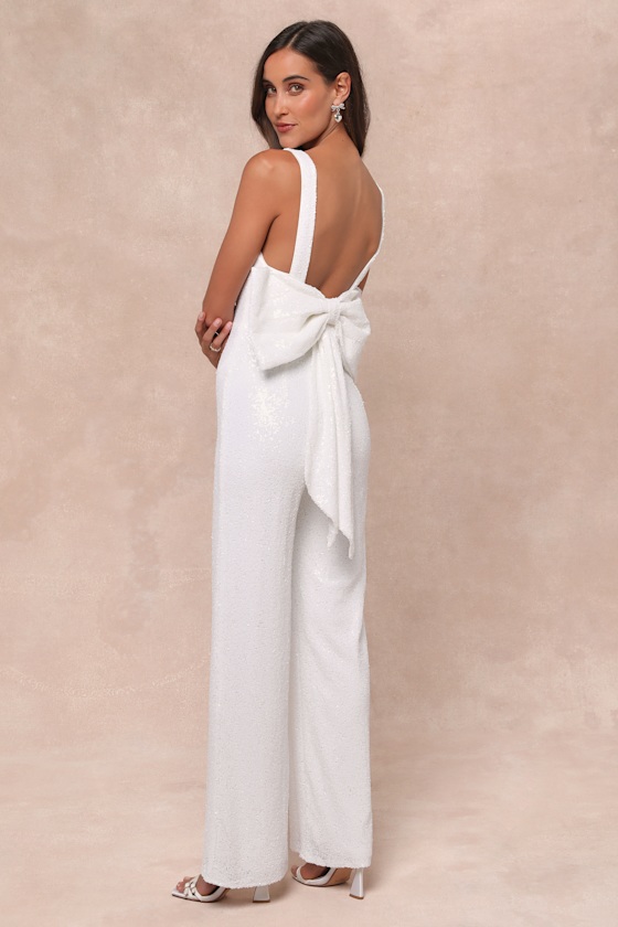Feeling Sparkly White Sequin Bow Wide-Leg Jumpsuit 6