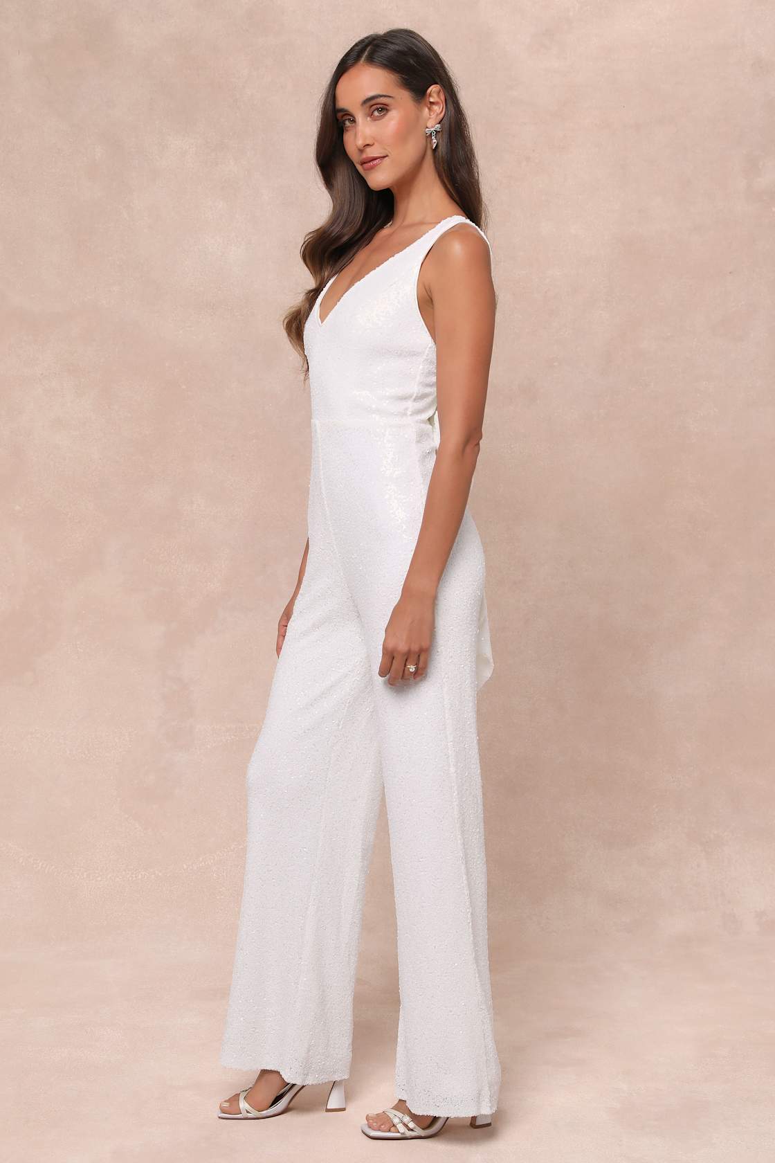 Feeling Sparkly White Sequin Bow Wide-Leg Jumpsuit