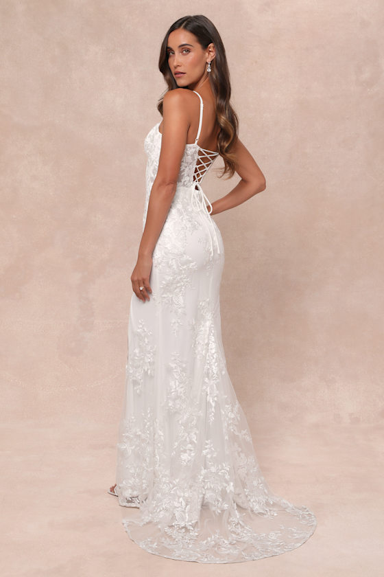 Ethereal Elegance White Embroidered Lace-Up Maxi Dress 3