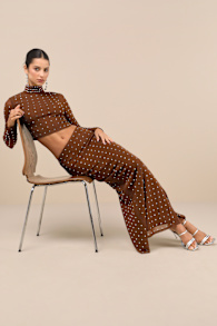 Incomparable Shine Brown Mesh Rhinestone Two-Piece Maxi Dress 1