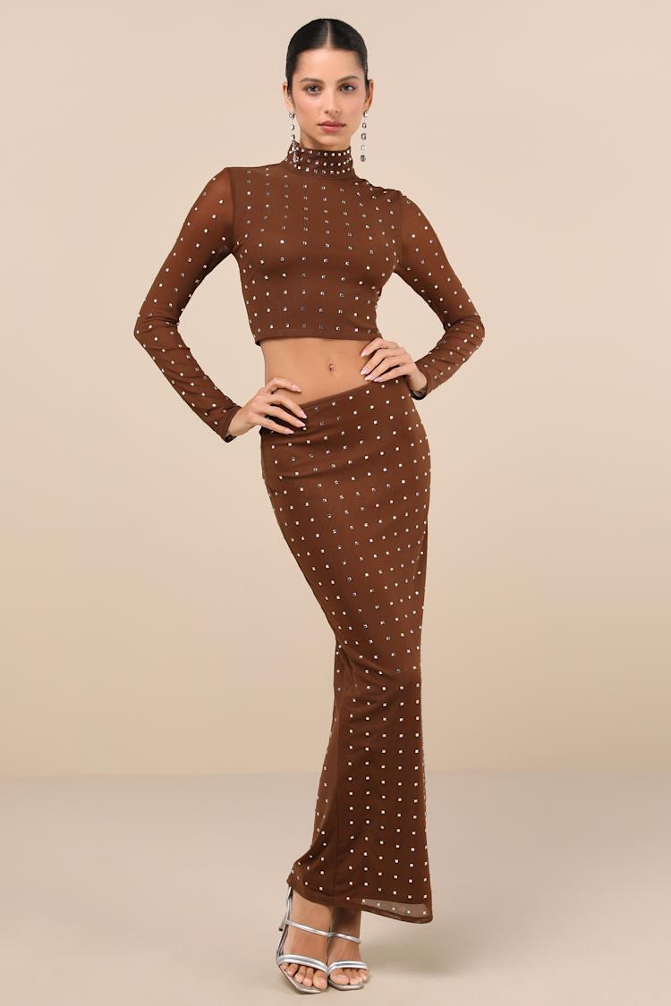 Incomparable Shine Brown Mesh Rhinestone Two-Piece Maxi Dress