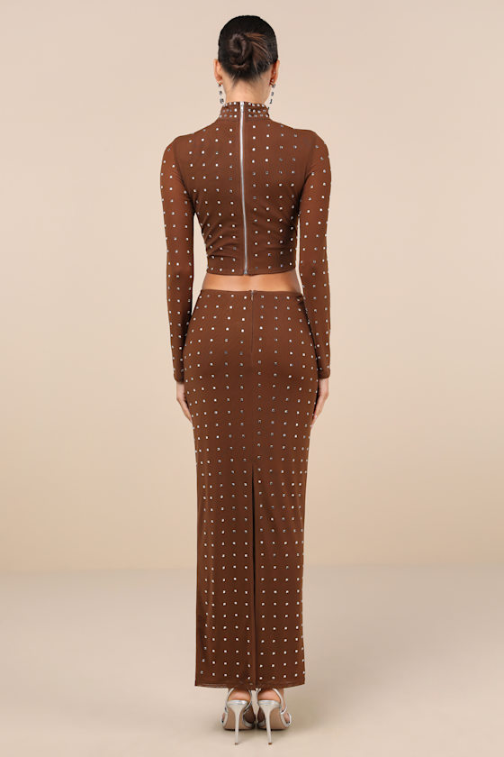 Lulus Incomparable Shine Brown Mesh Rhinestone Two-piece Maxi Dress In Brown