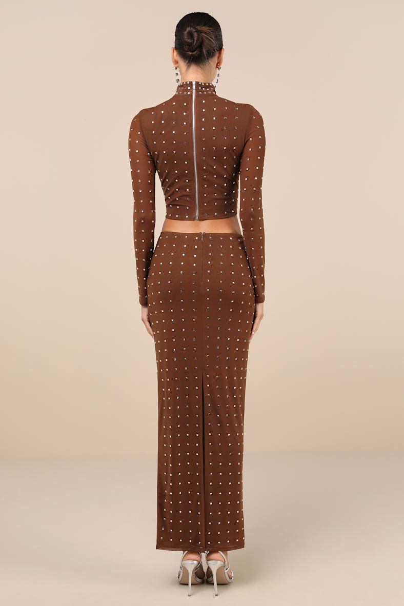 Incomparable Shine Brown Mesh Rhinestone Two-Piece Maxi Dress