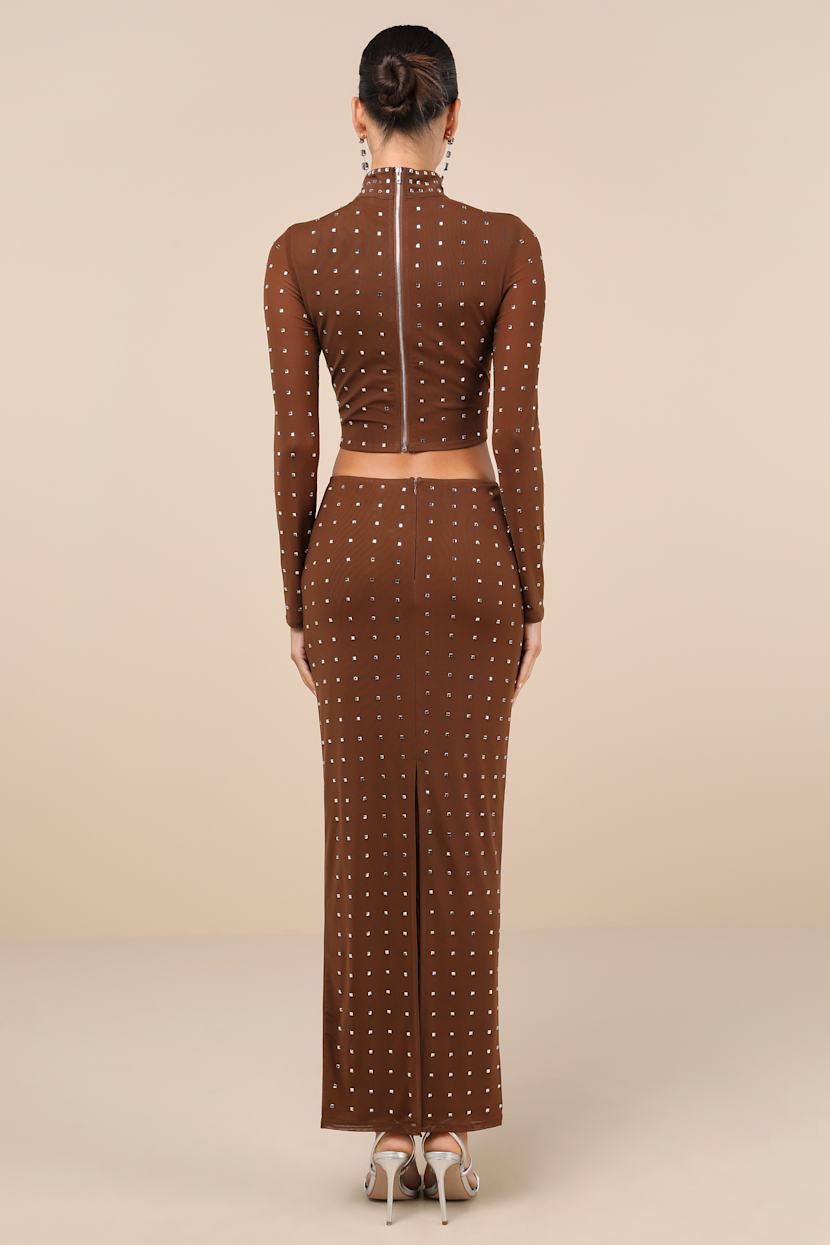 Brown 2-PC Dress - Mesh Rhinestone Dress - Mock Neck Maxi Dress - Lulus Brown 2-PC Dress - Mesh Rhinestone Dress - Mock Neck Maxi Dress - Lulus