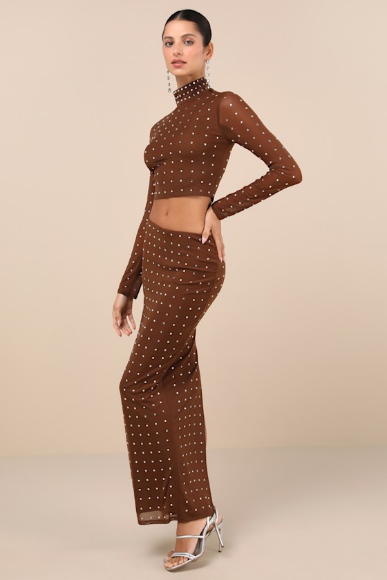 Lulus Incomparable Shine Brown Mesh Rhinestone Two-piece Maxi Dress In Brown