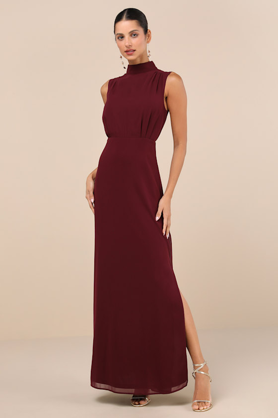 Lulus Classic Elegance Plum Chiffon Sleeveless Mock Neck Maxi Dress In Red