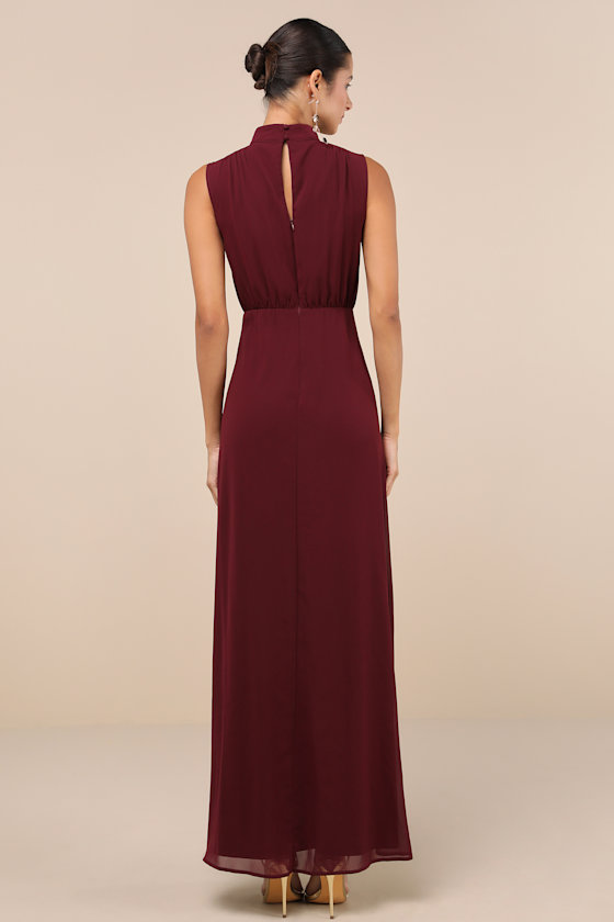 Shop Lulus Classic Elegance Plum Chiffon Sleeveless Mock Neck Maxi Dress In Red