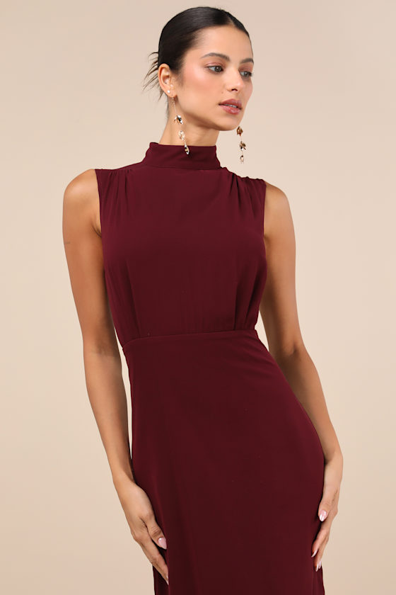 Shop Lulus Classic Elegance Plum Chiffon Sleeveless Mock Neck Maxi Dress In Red