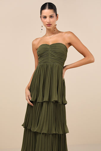 Seriously Sensational Olive Green Strapless Tiered Maxi Dress 2