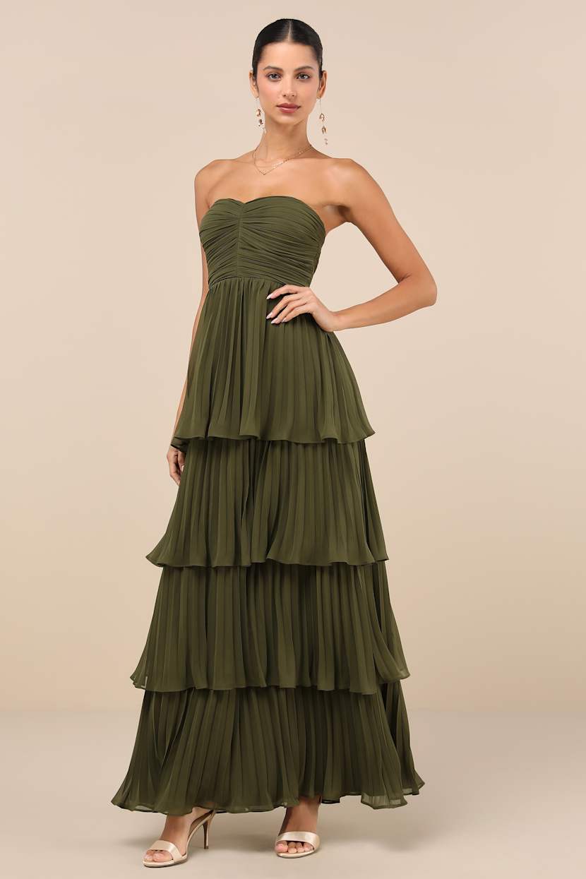 Olive Green Maxi Dress - Pleated Dress - Strapless Tiered Dress - Lulus