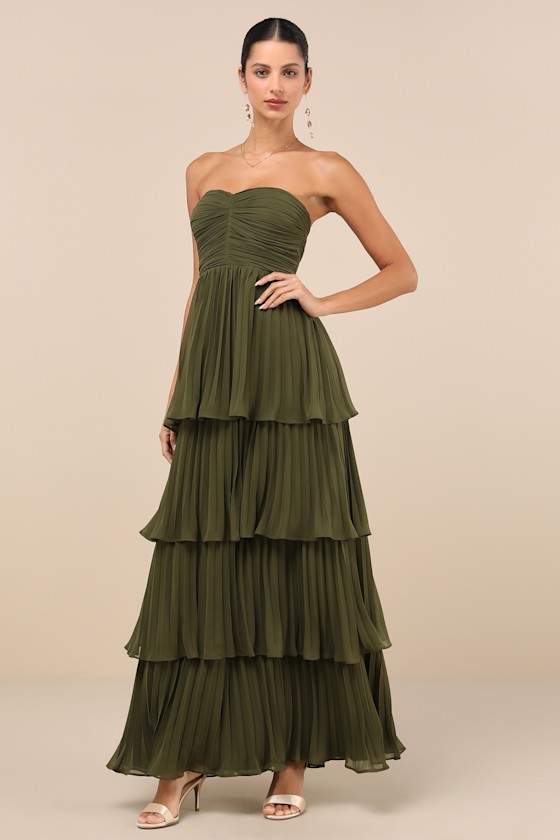 Olive Green Maxi Dress - Pleated Dress - Strapless Tiered Dress - Lulus