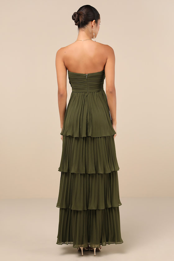 Lulus Seriously Sensational Olive Green Strapless Tiered Maxi Dress In Olive Green