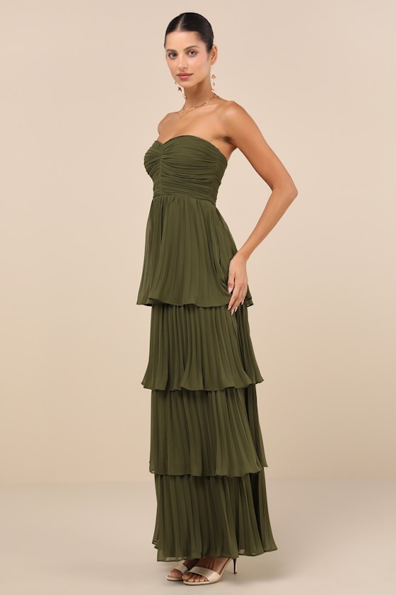 Lulus Seriously Sensational Olive Green Strapless Tiered Maxi Dress In Olive Green