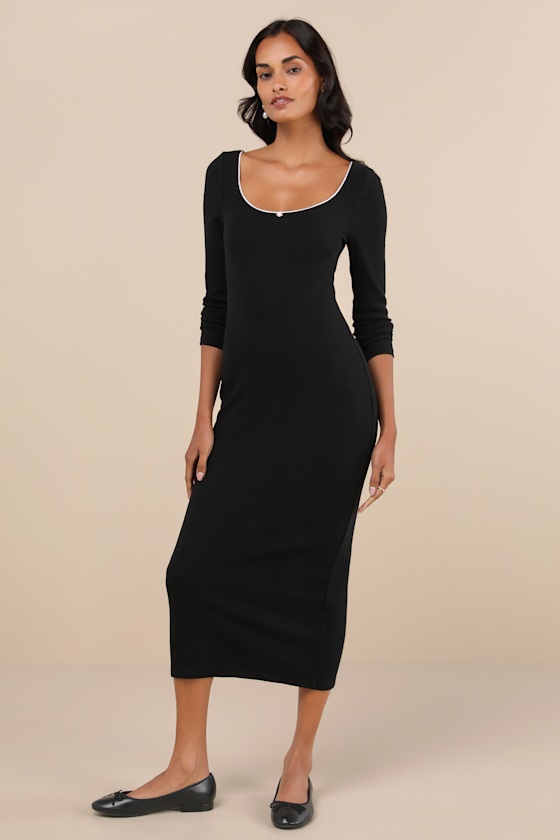 Lulus Certainly Darling Black Ribbed Long Sleeve Midi Dress In Black