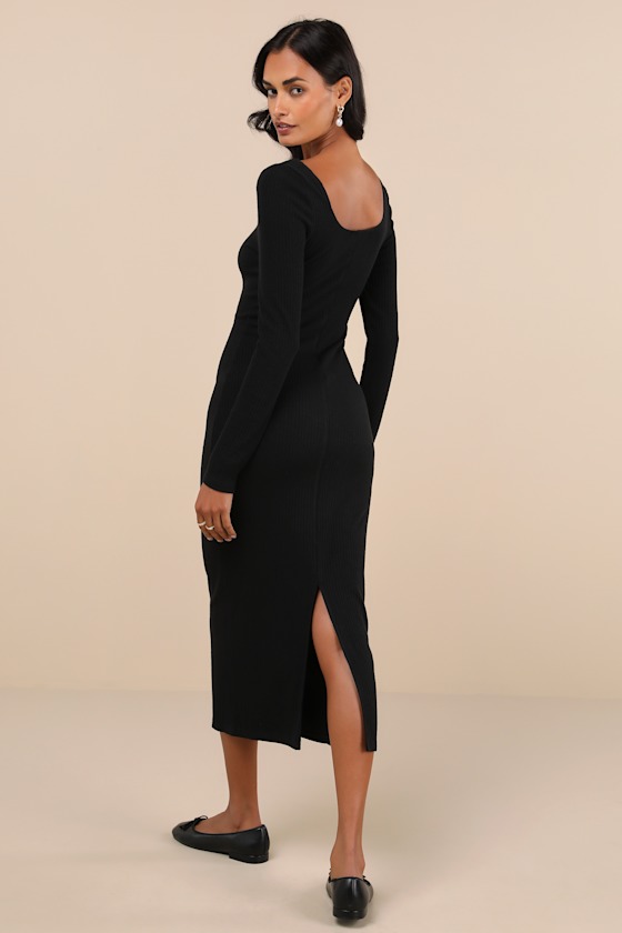 Lulus Certainly Darling Black Ribbed Long Sleeve Midi Dress In Black