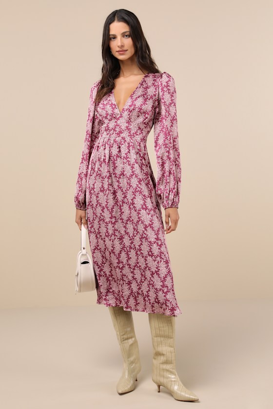Shop Lulus Graceful Impression Purple And Pink Floral Print Midi Dress