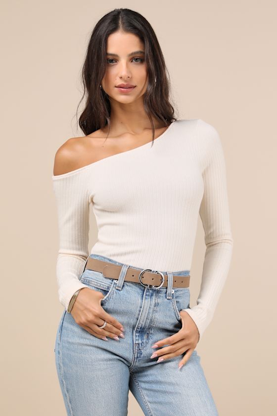 Ivory Long Sleeve Top - Ribbed Knit Top - Asymmetrical Top