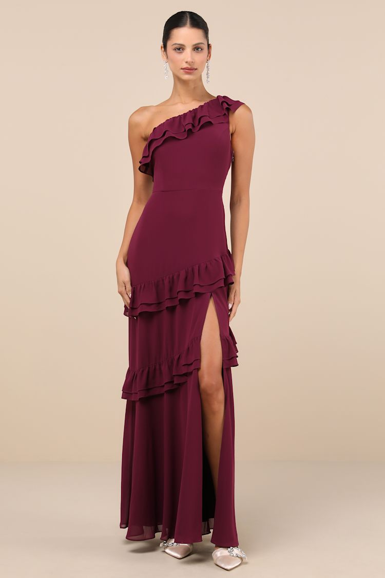 open lace back dress A Line One Shoulder Tiered Long Prom Dress, Pink / 12