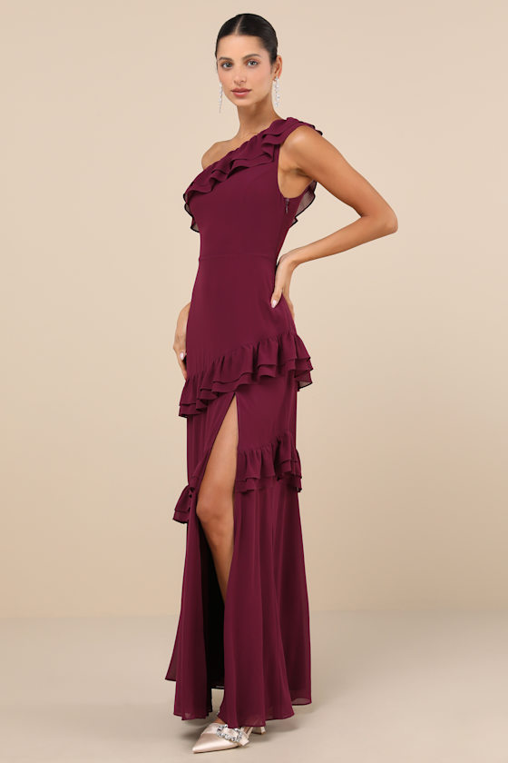 Lulus Brilliant Grace Plum Purple Ruffled One-shoulder Maxi Dress In Plum Purple