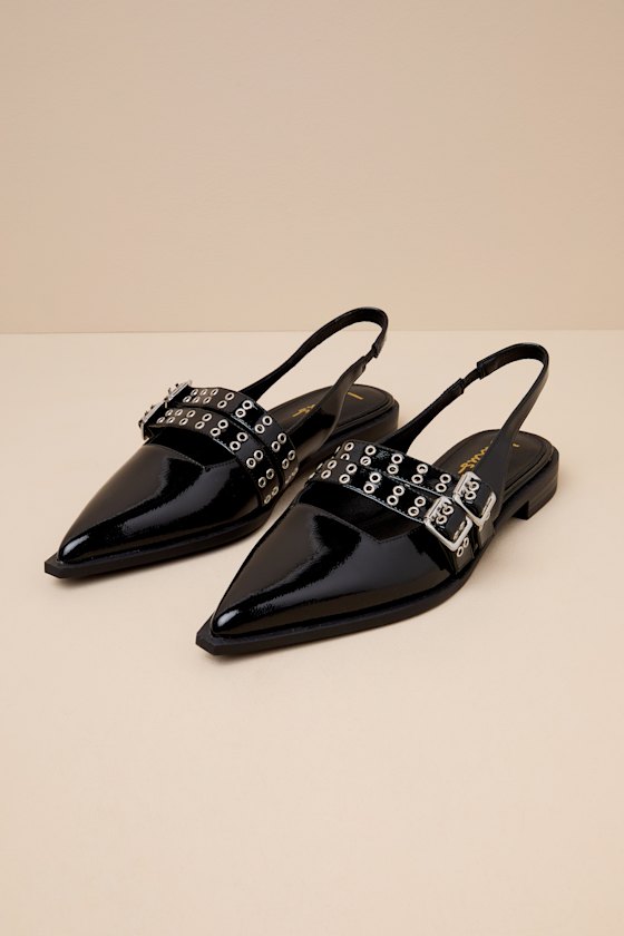 Cambell Black Patent Studded Buckle Slingback Flats 1