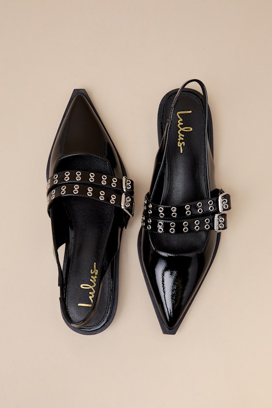 Lulus Cambell Black Patent Studded Buckle Slingback Flats In Black