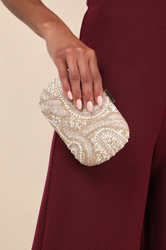 Lulus Upscale Idea Beige And Pink Beaded Pearl Hard-sided Clutch In Beige And Pink