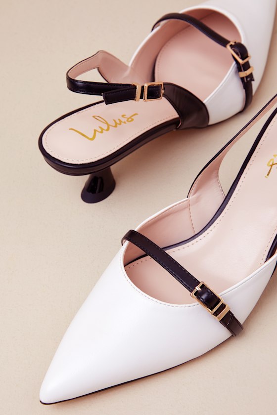 Lulus Hughette White & Black Color Block Pointed-toe Slingback Pumps In Black
