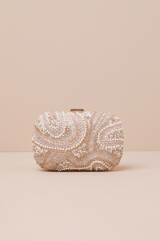 Lulus Upscale Idea Beige And Pink Beaded Pearl Hard-sided Clutch In Beige And Pink