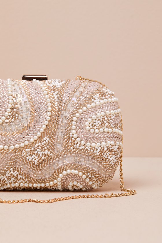Lulus Upscale Idea Beige And Pink Beaded Pearl Hard-sided Clutch In Beige And Pink