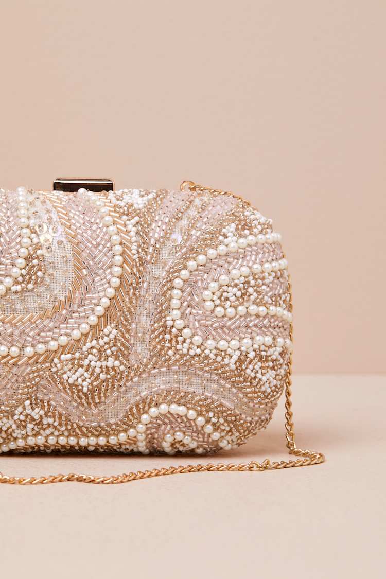 Upscale Idea Beige and Pink Beaded Pearl Hard-Sided Clutch