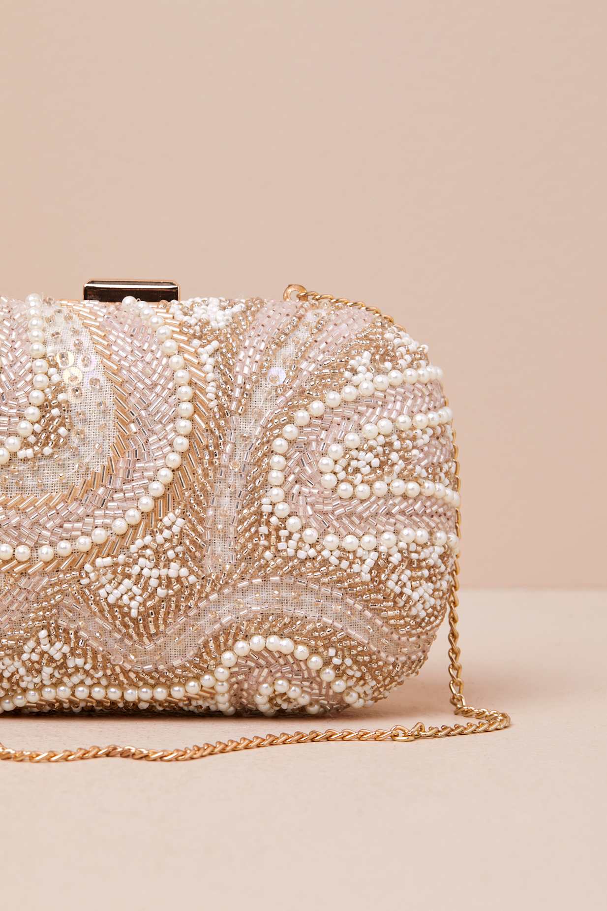 Upscale Idea Beige and Pink Beaded Pearl Hard-Sided Clutch