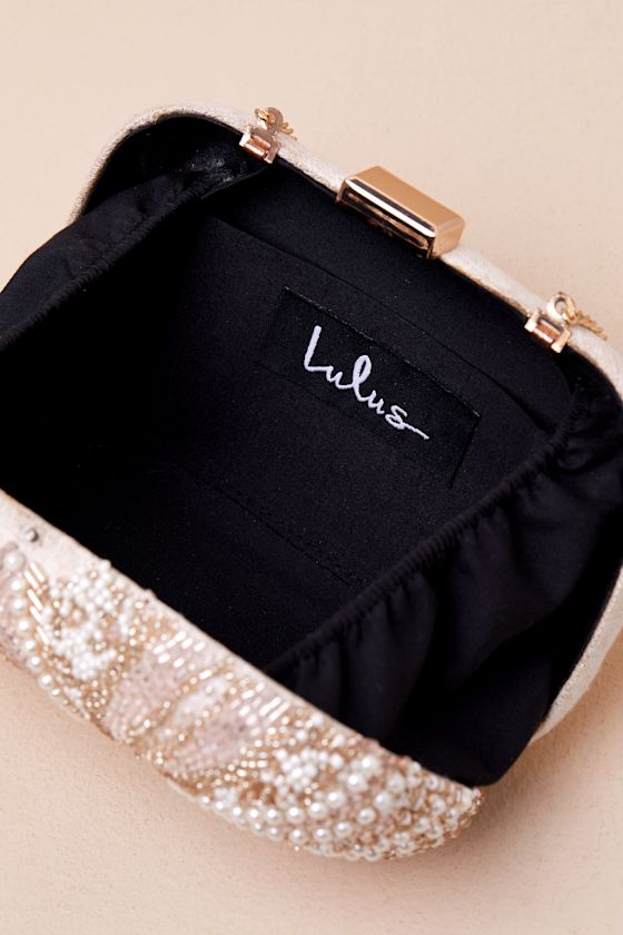 Lulus Upscale Idea Beige And Pink Beaded Pearl Hard-sided Clutch In Beige And Pink