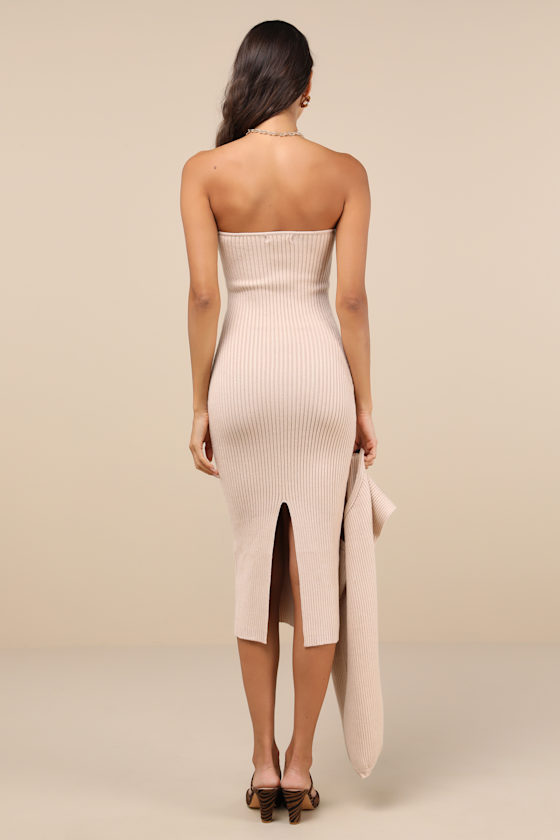 Lulus Autumn Aura Beige Ribbed Two-piece Sweater Dress In Beige