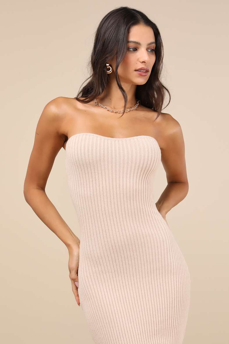 Autumn Aura Beige Ribbed Two-Piece Sweater Dress