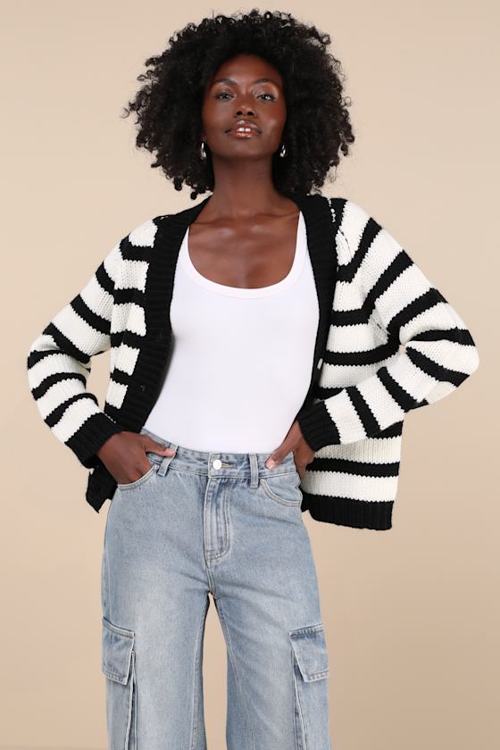 Absolutely Cozy Black and White Striped Oversized Cardigan 1