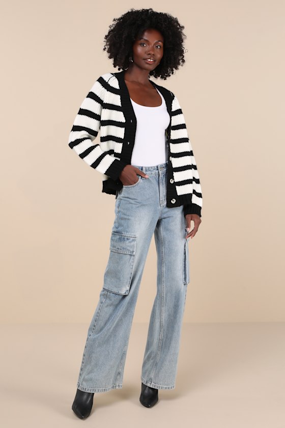 Absolutely Cozy Black and White Striped Oversized Cardigan 3